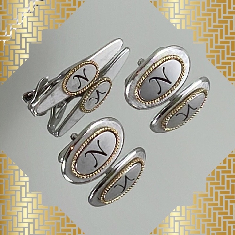 💕Very Handsome Two Tone Monogram N Cufflinks & Tie Clip Set💕